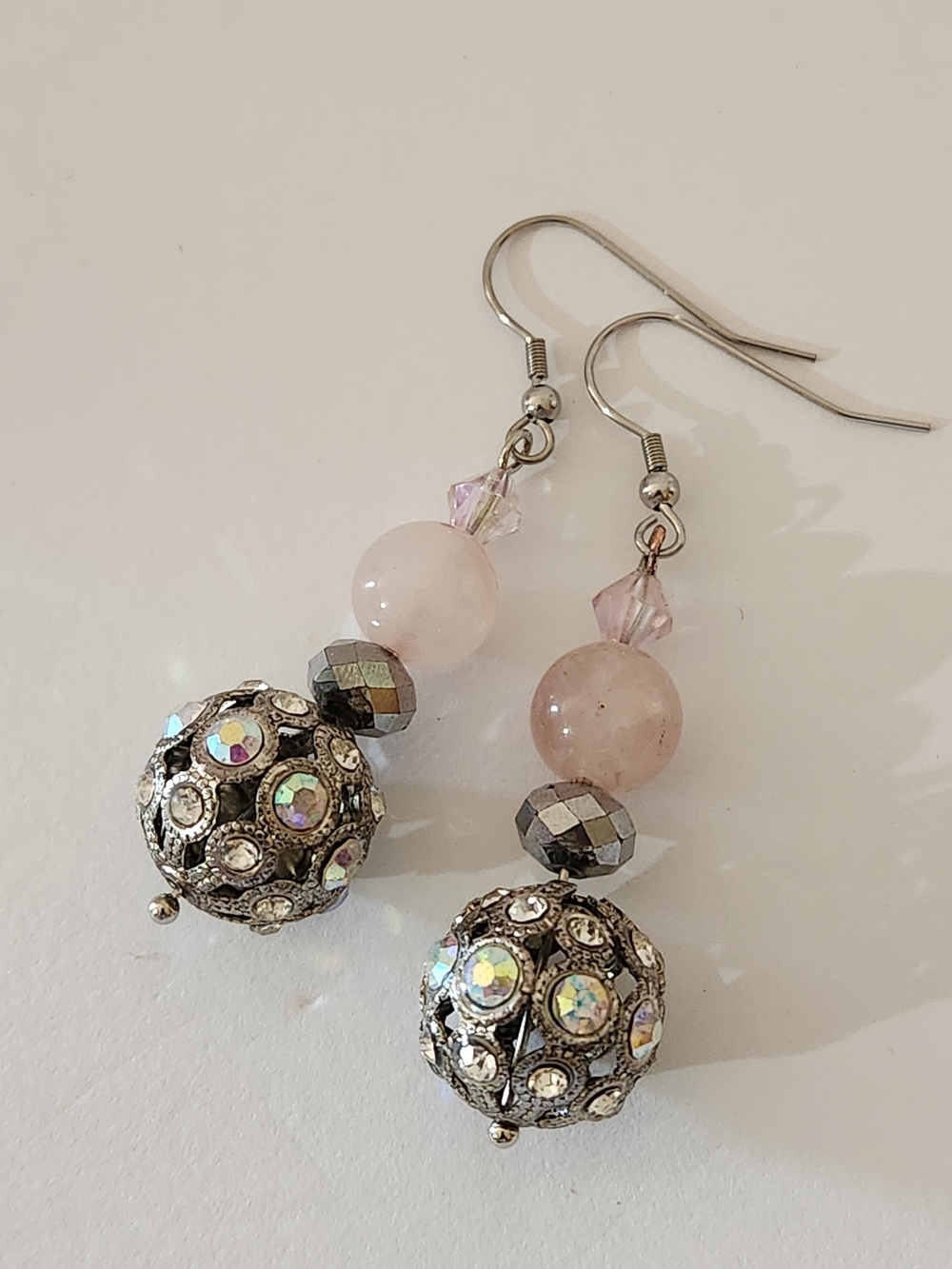 Hand Crafted Pink Bead and Rhinestone Drop Earrings
